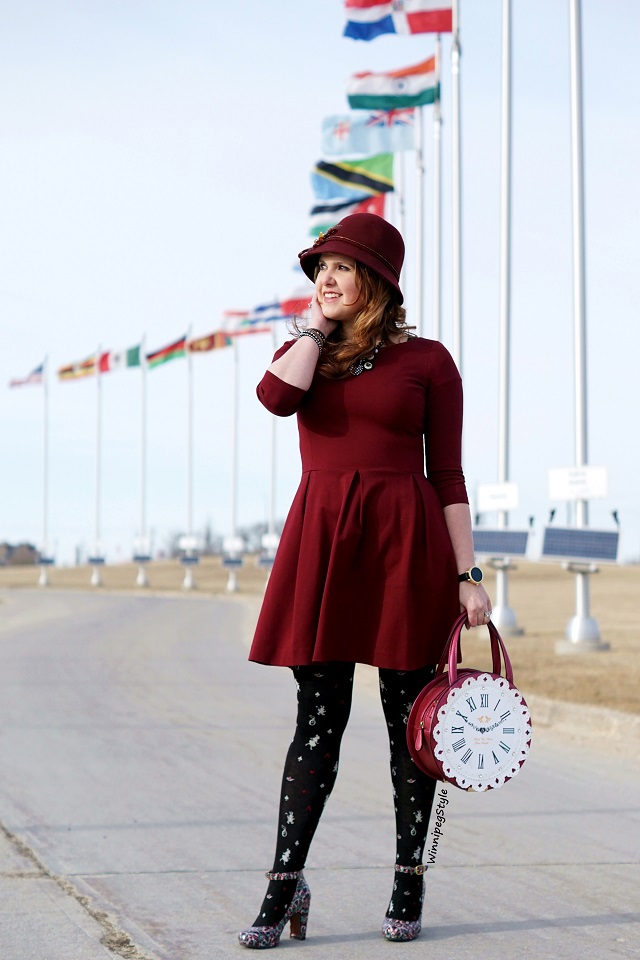 Winnipeg Style, Canadian Fashion blog, stylist, Tabbisocks cotton blend Alice in Wonderland print tights, Chie Mihara Normand stained glass textured patent leather and suede shoes, Banana Republic burgundy wine fit and flare dress, Darling